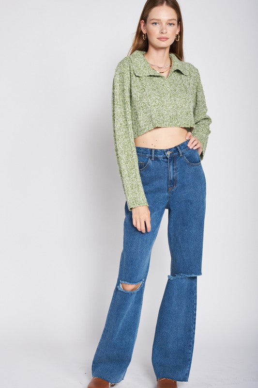 LONG SLEEVE COLLARED CROP TOP