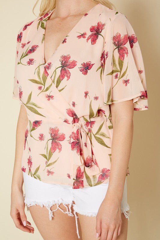 PLEIONE PRINTED V NECK WRAP TUNIC TOP