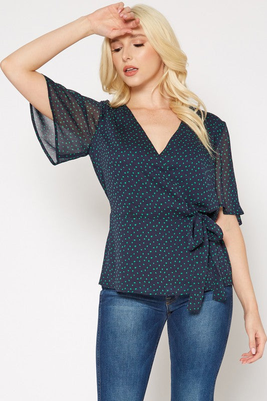 PLEIONE PRINTED V NECK WRAP TUNIC TOP