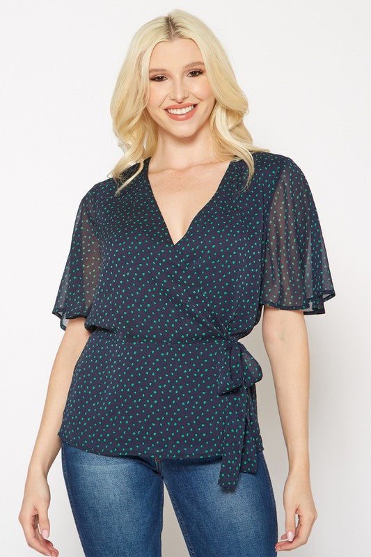 PLEIONE PRINTED V NECK WRAP TUNIC TOP