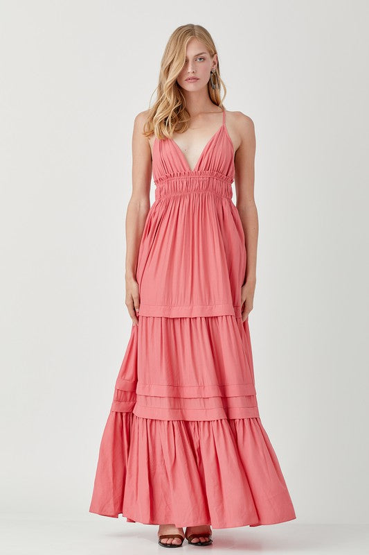 SHIRRED RUFFLE FOLDED DETAIL MAXI DRESS