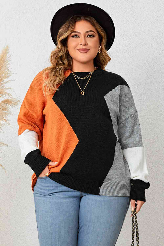 Plus Size Color Block Round Neck Knit Top