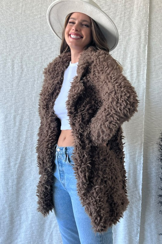 OPENFRONT LONG SLEEVE COLLARED FUR COAT FUR JACKET