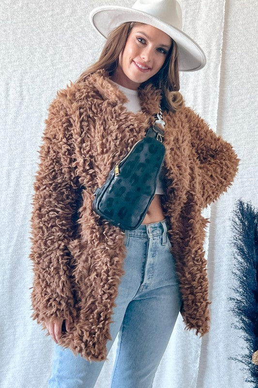 OPENFRONT LONG SLEEVE COLLARED FUR COAT FUR JACKET