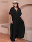 Plus Size Buttoned V-Neck Half Sleeve Dress